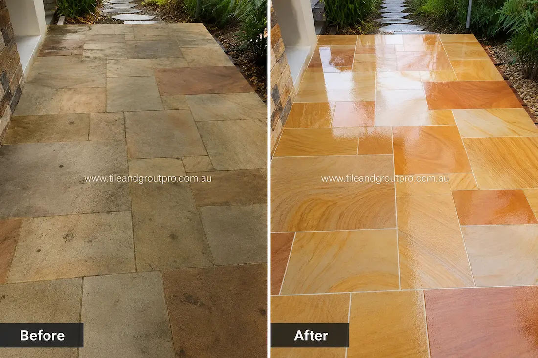 Before stone-polishing of sandstone pavers at a residential entryway with dull finish, surface staining, and muted natural stone patterns.