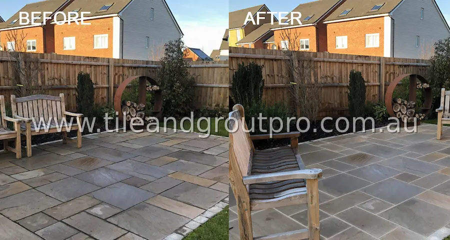 Close-up of sandstone paving before and after regrouting highlighting repaired joints and improved finish