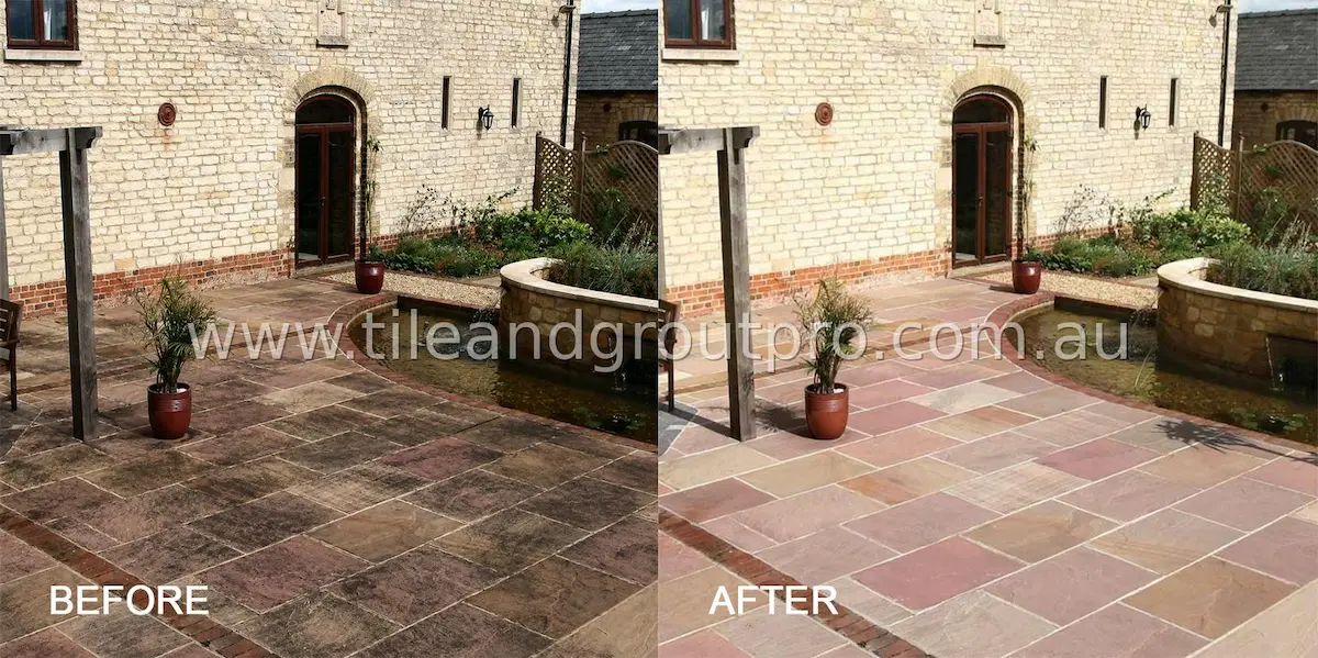 Sandstone paving restoration before and after removing dirt and restoring natural tones in outdoor seating area