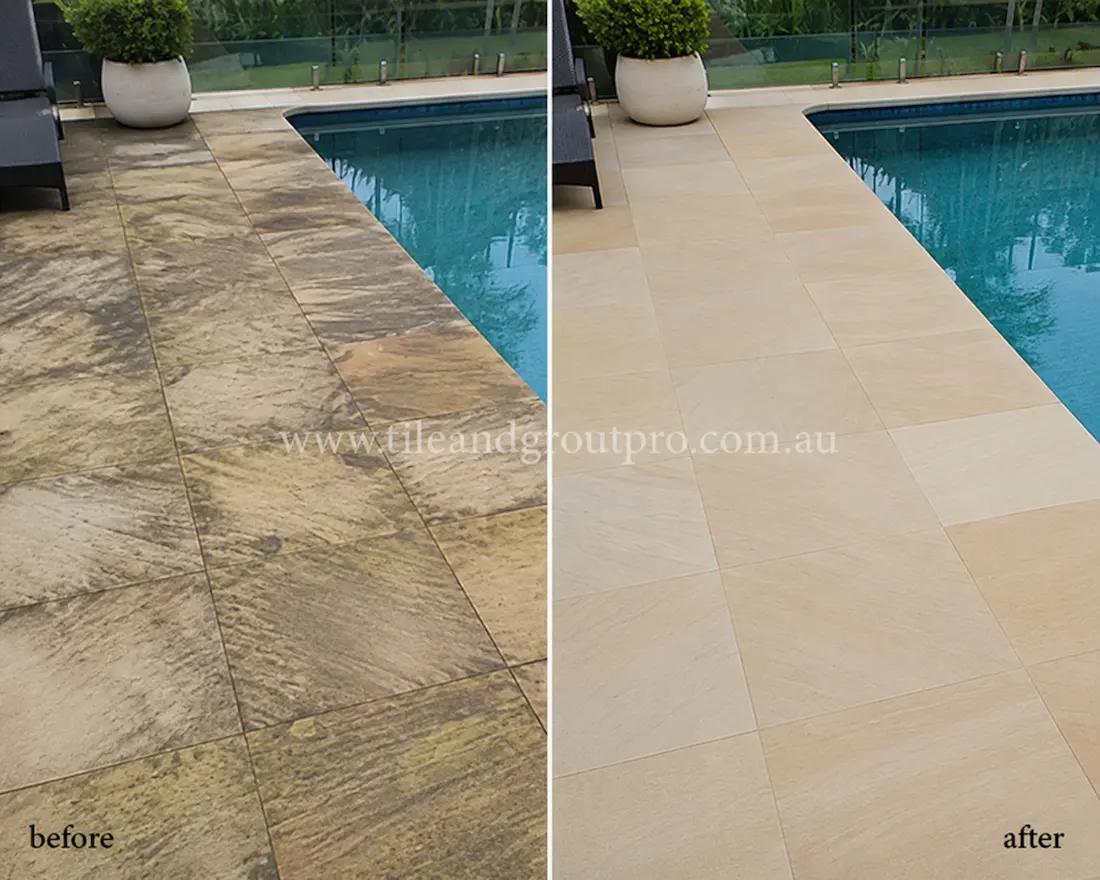 Outdoor sandstone pool surround with faded finish, water staining, and weathered stone surface before sandstone tile resurfacing.
