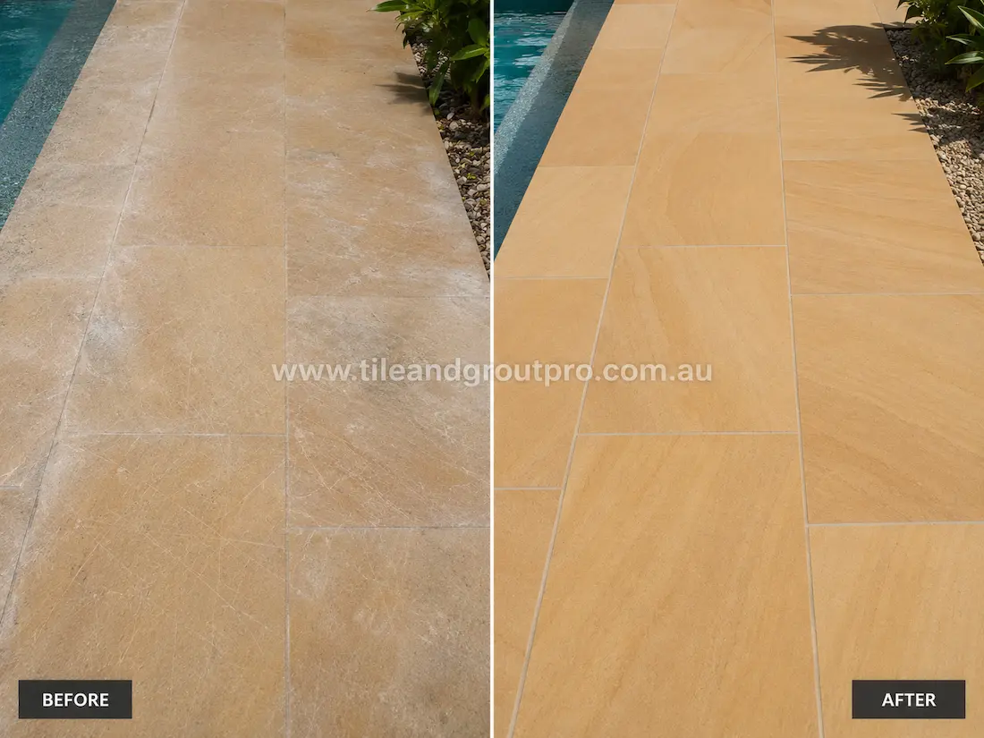 Poolside sandstone walkway tiles before and after scratch removal, showing scratched and weathered paving restored to a smooth clean finish beside tropical landscaping and pool edging.