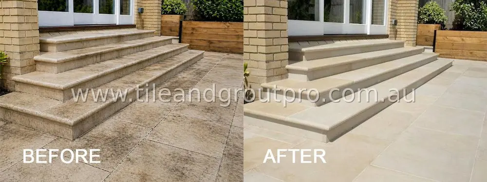 Sandstone steps restoration before and after cleaning and polishing to remove stains and restore smooth finish