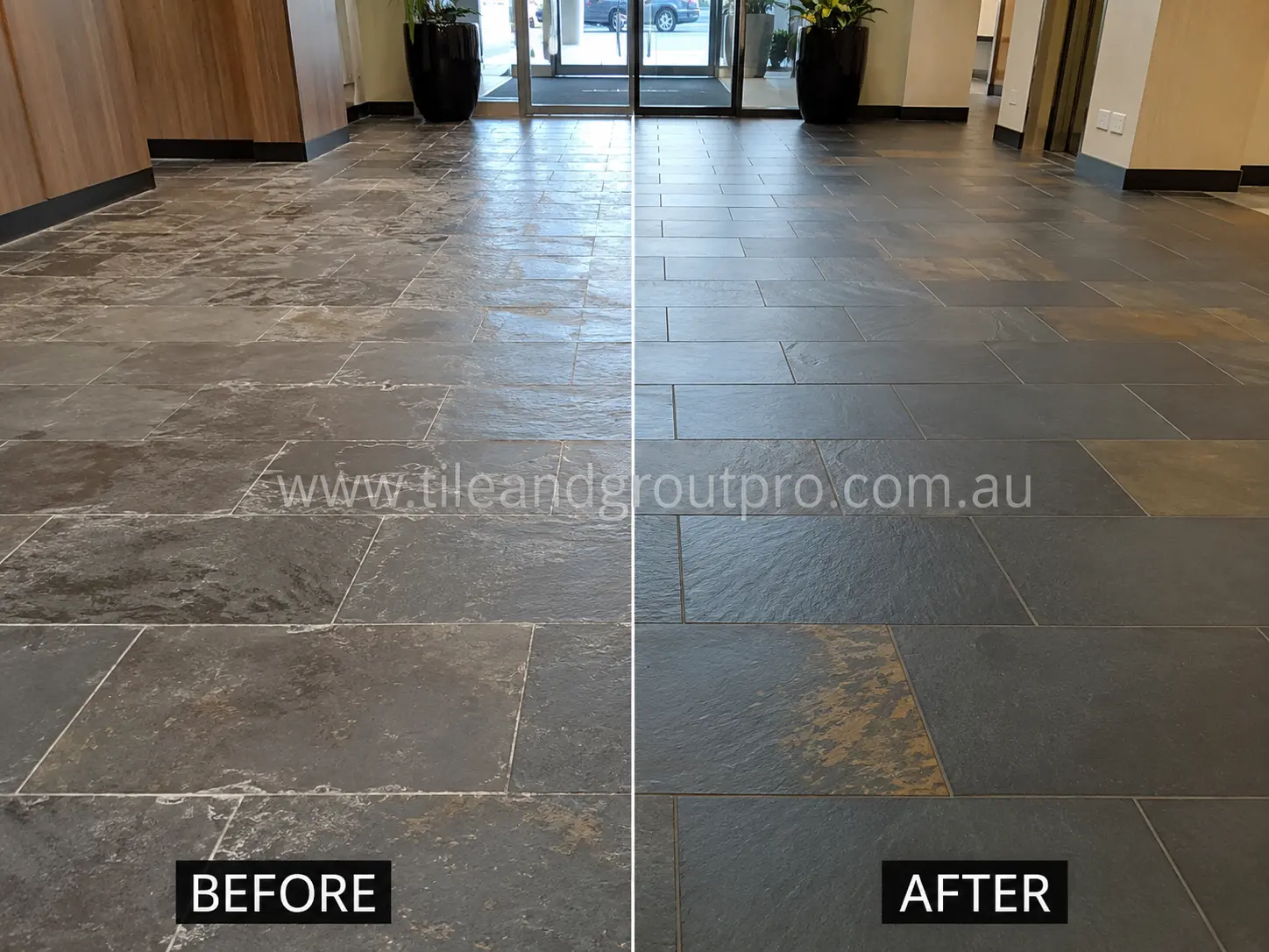 Before-and-after comparison of commercial slate lobby floor tiles with cloudy sealer marks, surface wear, and uneven sheen before Sealer Stripping.