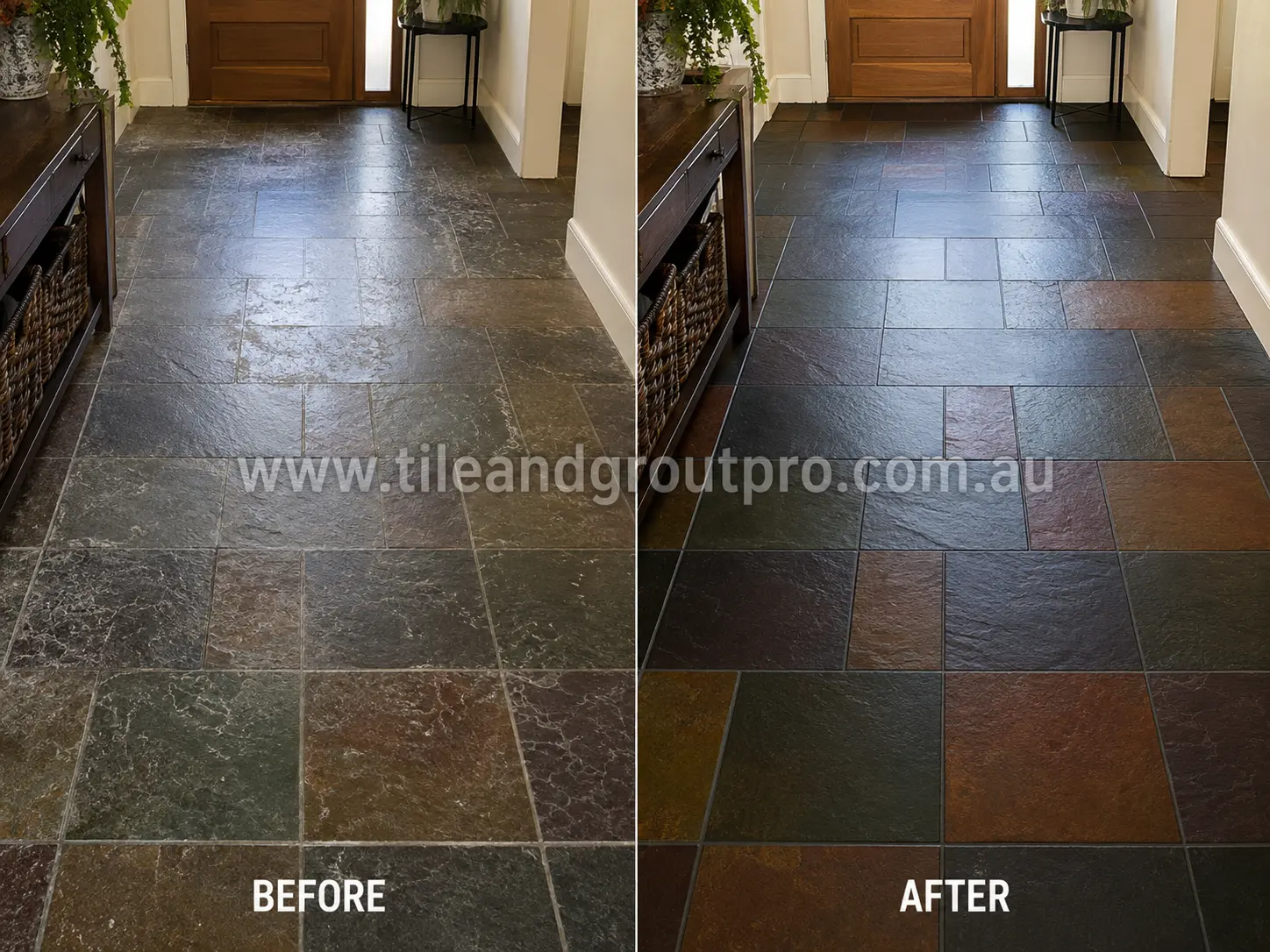 Before-and-after comparison of entryway slate floor tiles with faded sealer residue, light surface scratching, and patchy appearance before Sealer Stripping.