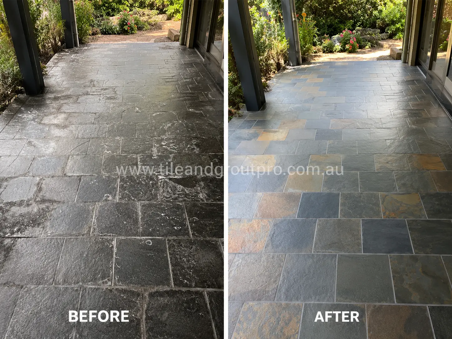 Before-and-after comparison of outdoor slate patio tiles with cloudy sealer residue, dull patches, and uneven surface finish before Sealer Stripping.