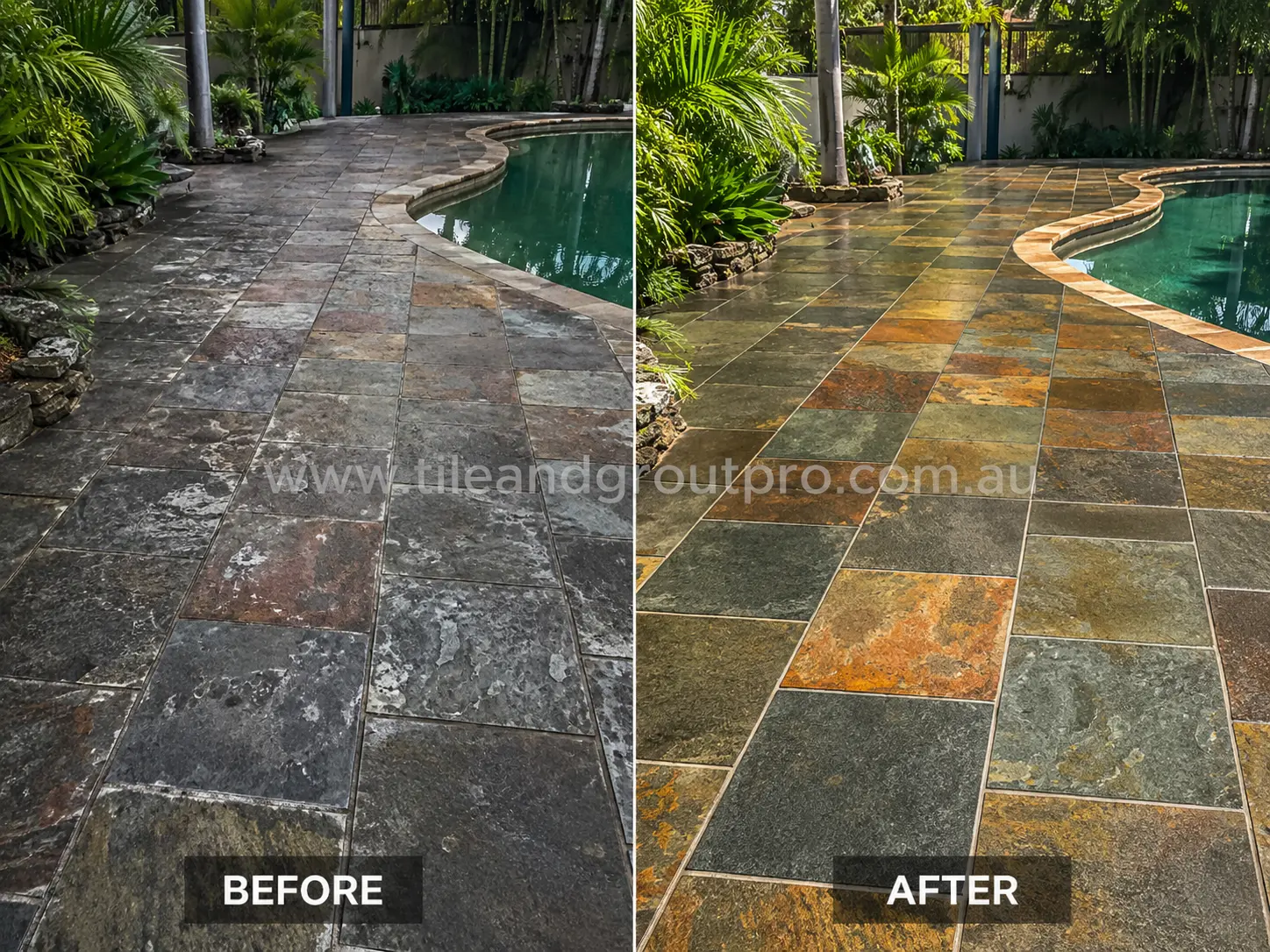 Before-and-after comparison of poolside slate pavers with faded sealer buildup, white hazing, and weathered stone surface before Sealer Stripping.
