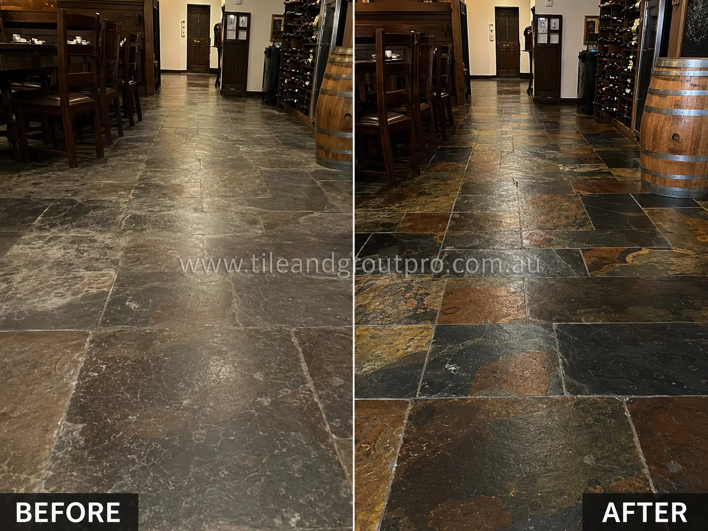 Before-and-after comparison of restaurant slate flooring with patchy sealer haze, traffic wear, and dull natural stone surface before Sealer Stripping.