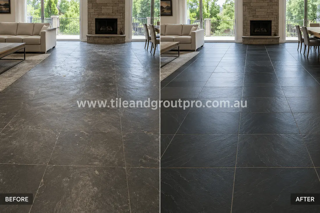 Before slate tile resurfacing, this spacious living room showcases dark slate flooring with a worn matte finish, light surface marks, colour fading, and reduced definition in the natural stone texture.
