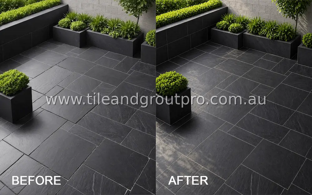 Dark slate tile patio before and after regrouting with improved grout lines and contemporary outdoor space