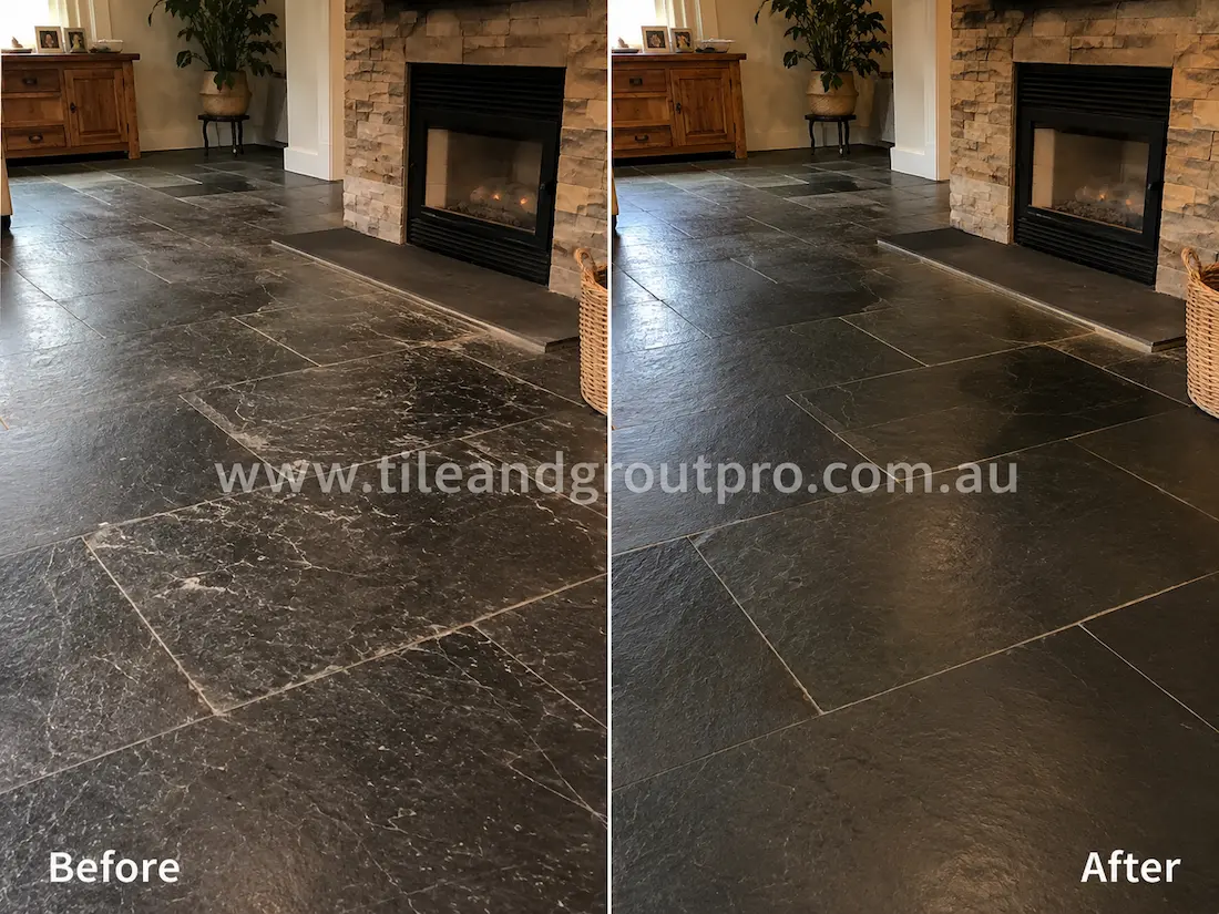Before and after black slate tile grinding in a living room fireplace area with scratched and dull natural stone flooring restored to a rich dark textured finish.