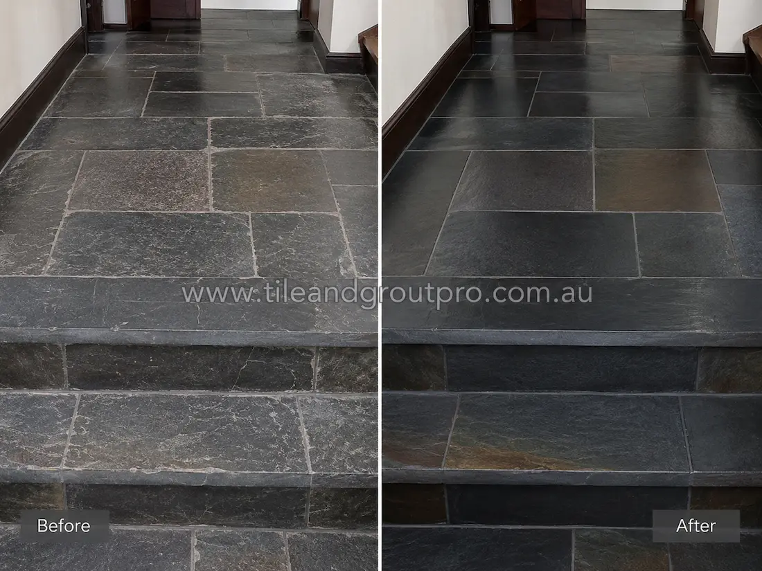 Before and after slate tile grinding on indoor stairs and hallway flooring with scratched and faded natural stone restored to a dark even finish.