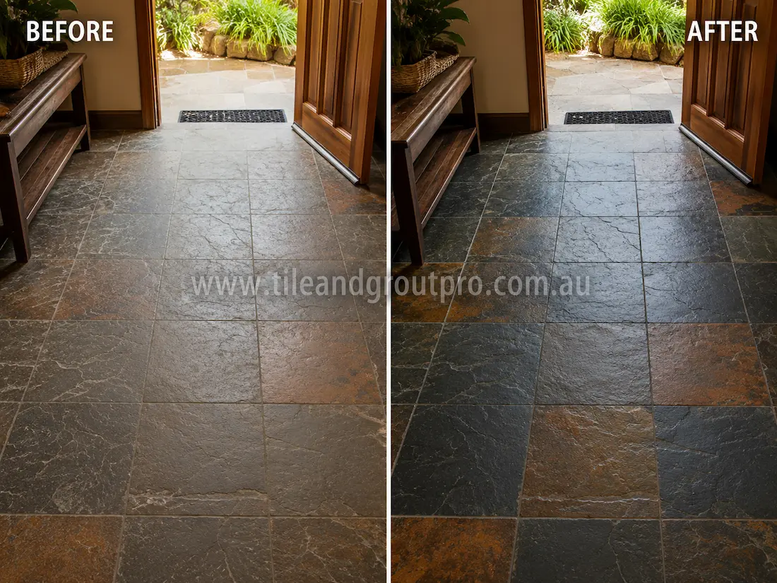 Multi-colour slate floor tiles in a home entryway showing light scratches and faded finish before professional scratch removal and restoration.