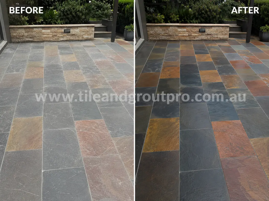 Outdoor multi-colour slate patio tiles with visible scratching, dull patches, and weathered surface before scratch removal and sealing.