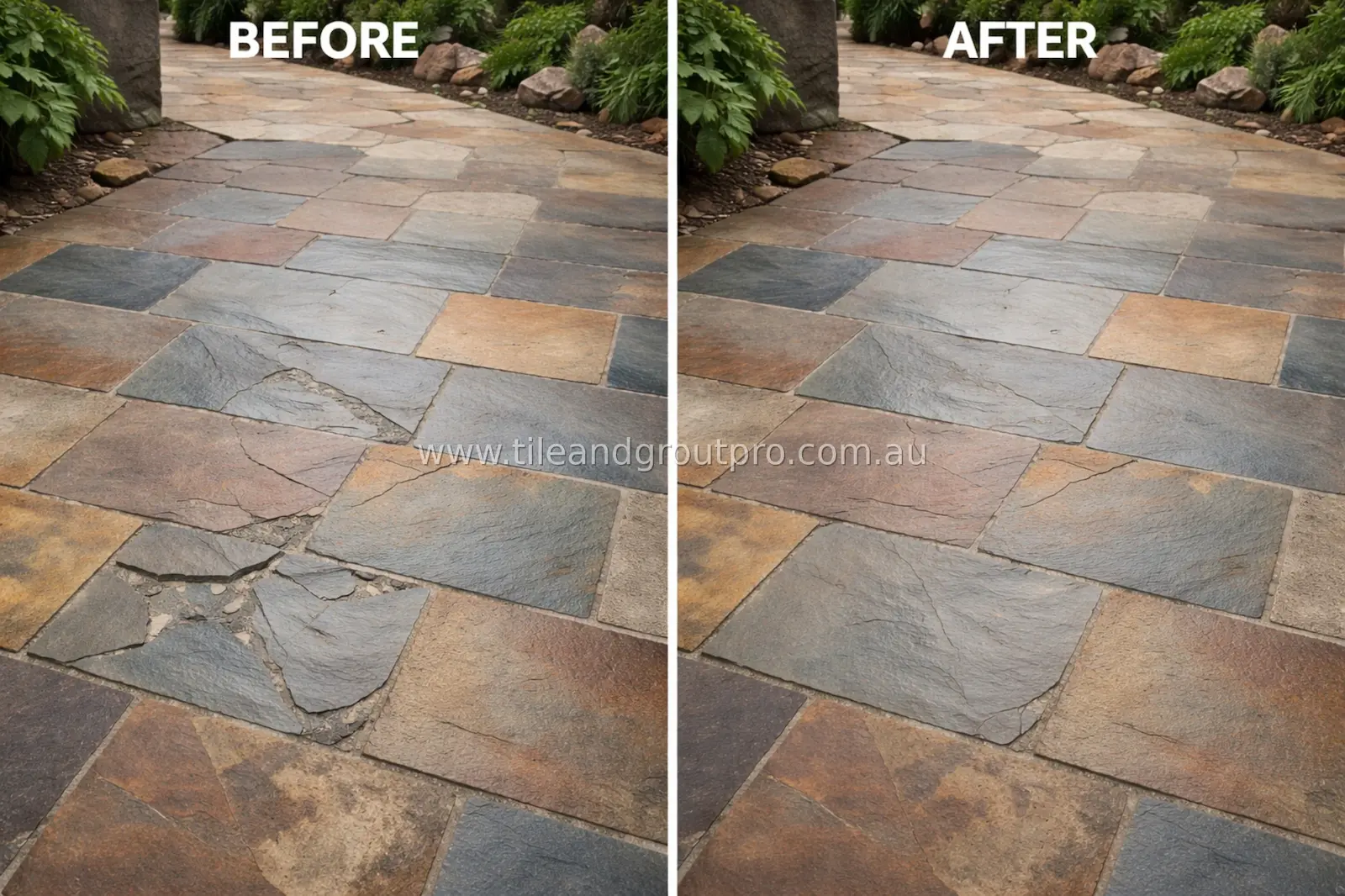 Outdoor slate pathway before and after repair showing restored garden paving stones