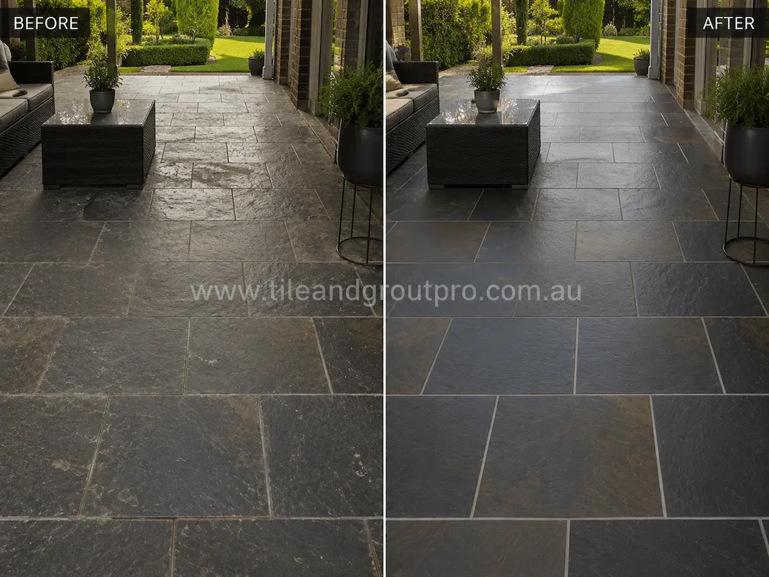 Before slate tile resurfacing, this covered alfresco entertaining area features dark slate flooring with weathered surfaces, faded colour variation, and visible wear throughout the outdoor living space.