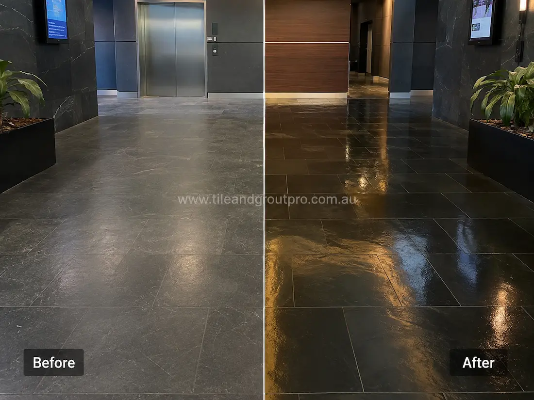Before stone-polishing of natural slate floor tiles in a modern commercial lobby with matte, worn surfaces, light scuffing, and reduced colour depth around the elevator entrance.