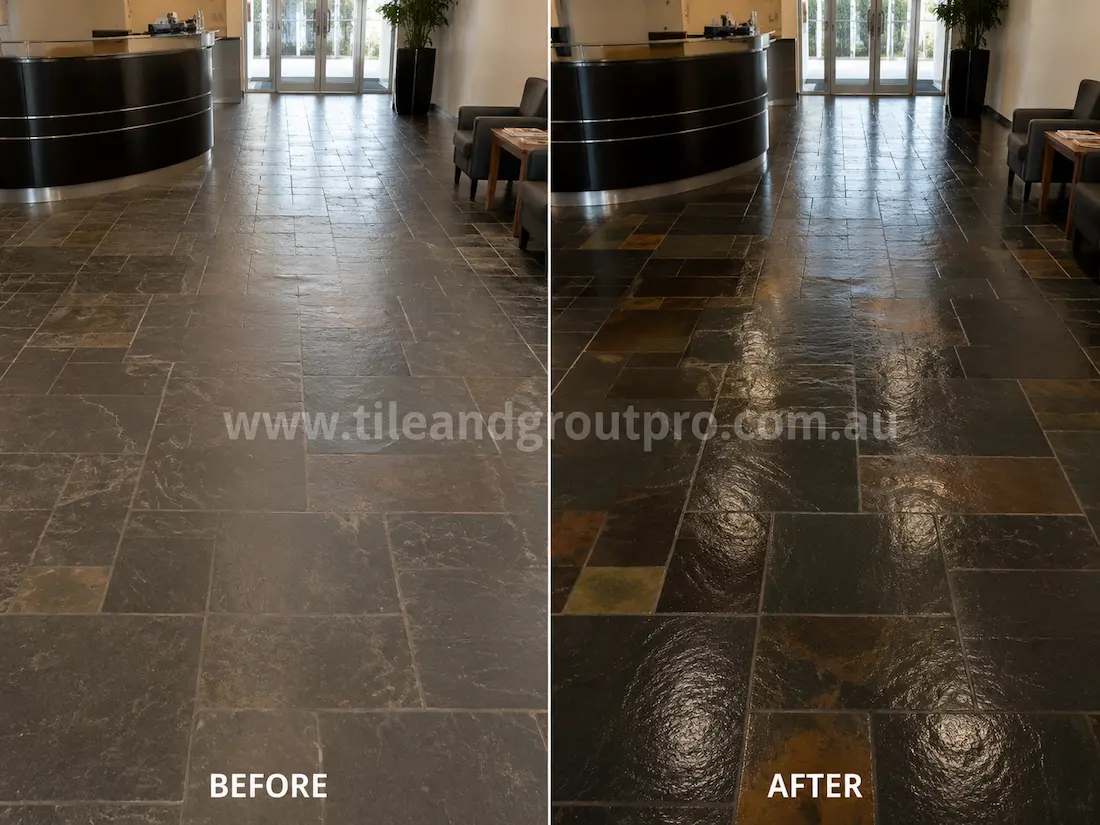 Before stone-polishing of natural slate floor tiles in a commercial reception area with low sheen, worn finish, and faded colour variation around the waiting area and front desk.