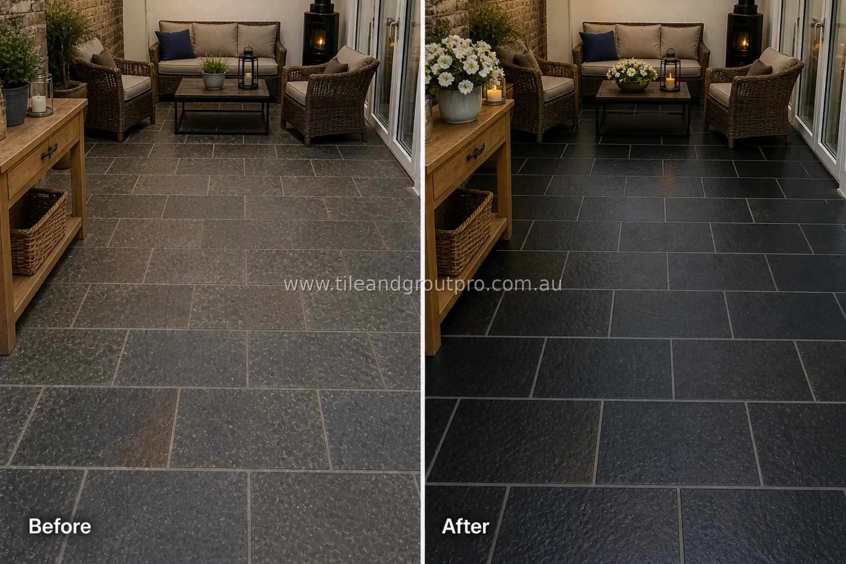 Slate natural stone tile floor in an enclosed patio seating area with visible dirt buildup, dull surface, and discolored grout lines before tile and grout cleaning