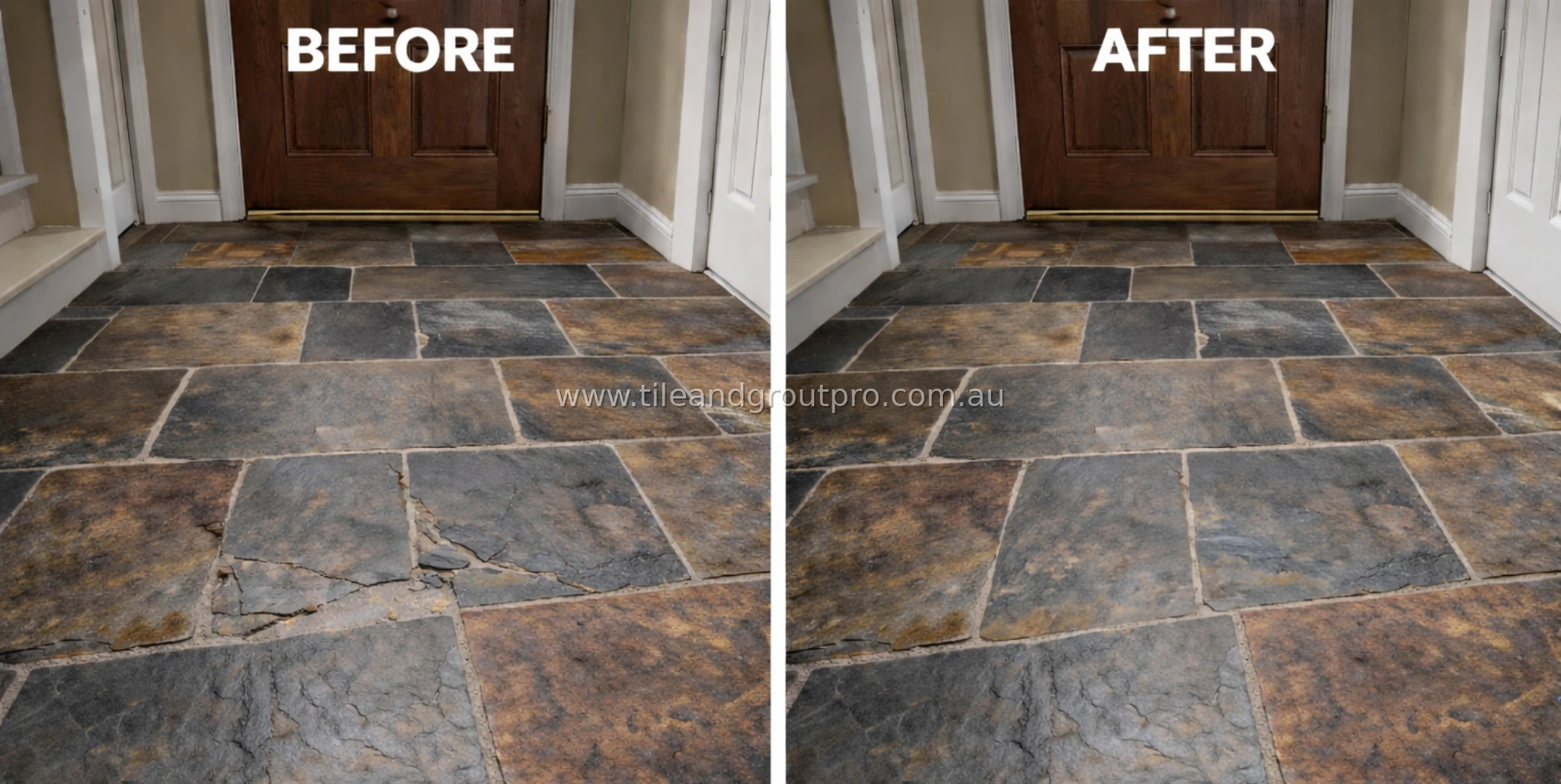 Slate floor entryway before and after repair showing fixed cracked tiles near door