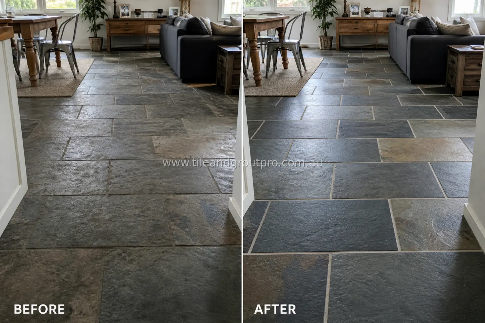 Slate natural stone tile floor at a kitchen and living area transition showing surface dullness, embedded dirt, and stained grout lines before tile and grout cleaning