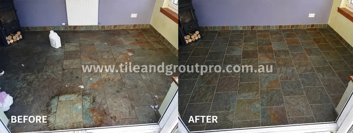 Indoor slate floor near fireplace restored with professional cleaning and sealing for improved durability and finish