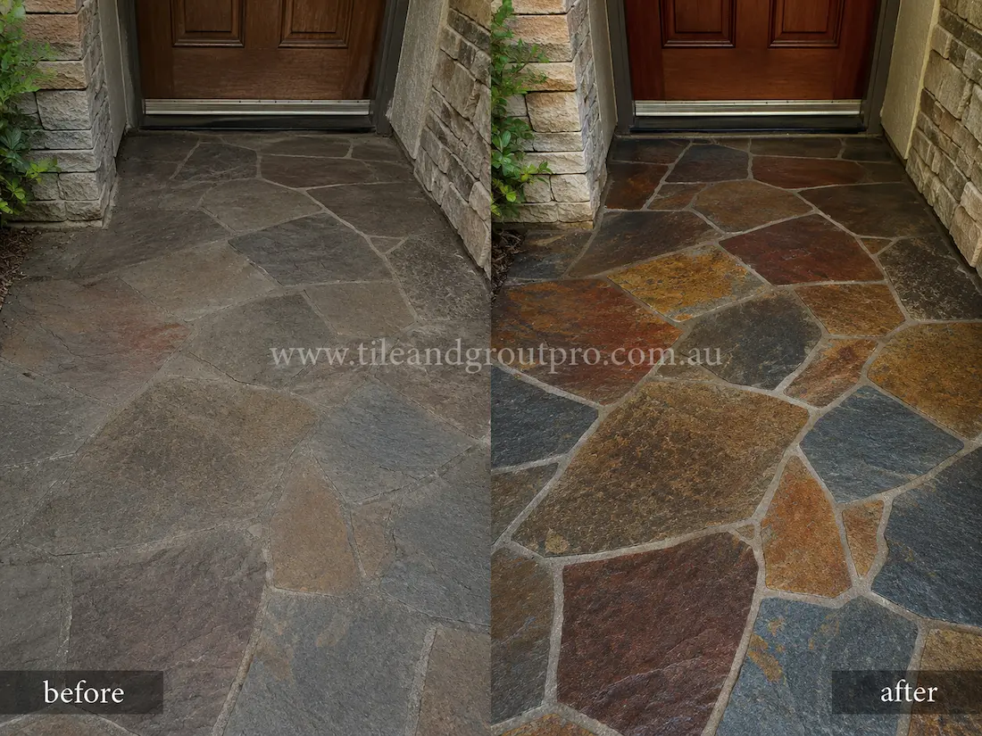Before tile renewal, indoor slate floor tiles near cabinetry and hallway transitions exhibited a worn finish, dull colouring, and surface residue that obscured the natural texture and variation of the stone.
