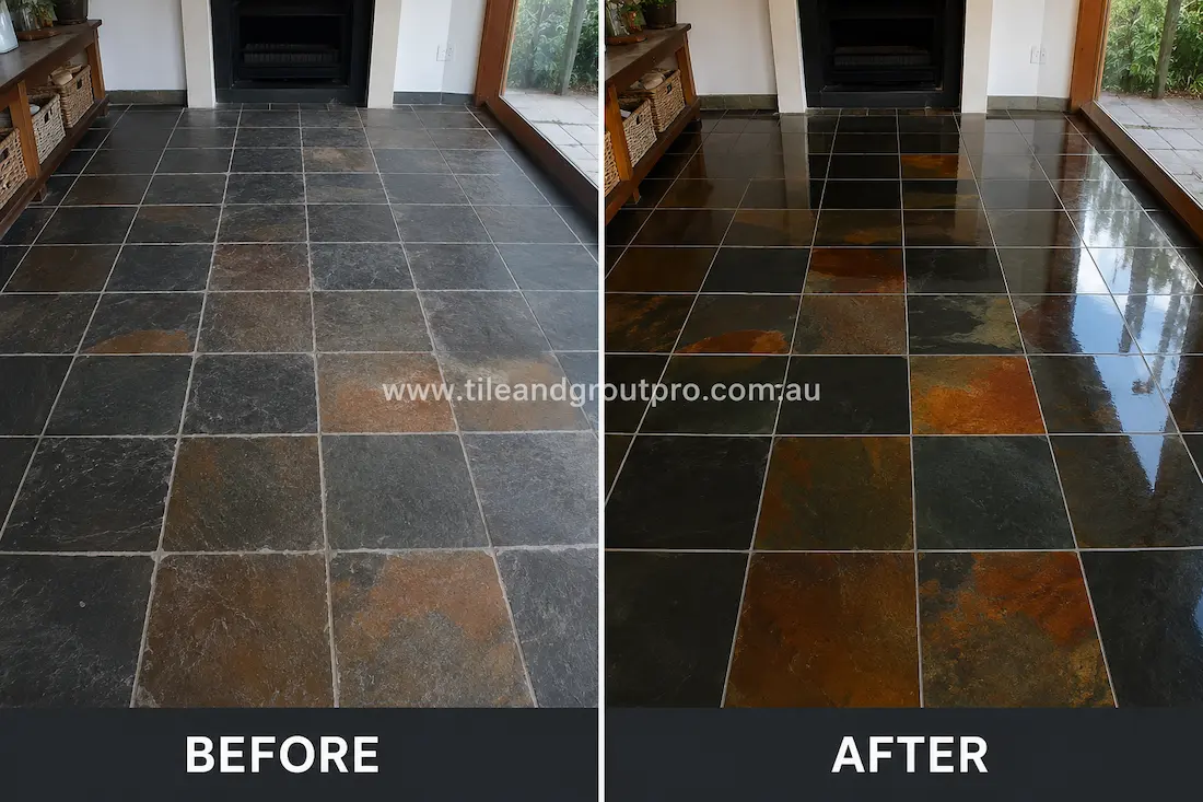 Before stone-polishing of natural slate floor tiles in a living room with faded surface finish, muted rust tones, and visible wear near the fireplace and windows.