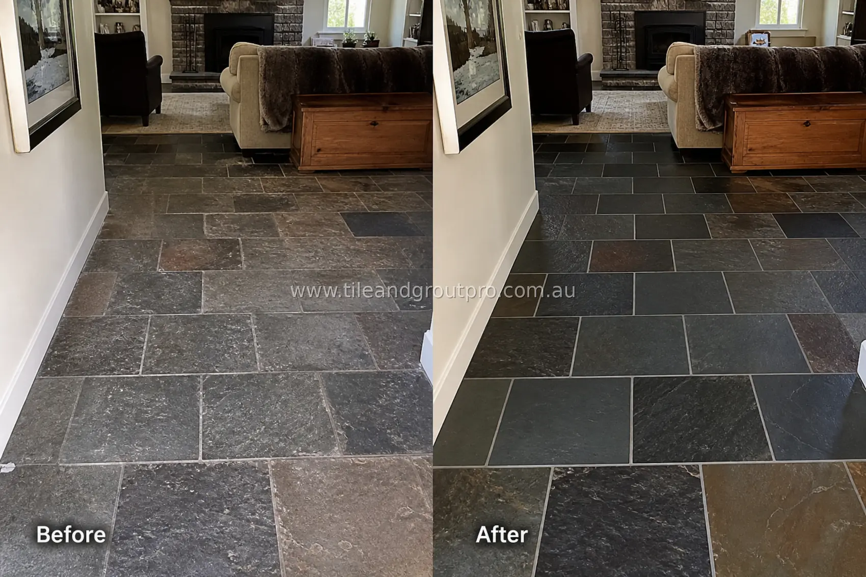 Slate natural stone tiles in a residential hallway with visible grime, surface wear, and uneven coloration before tile and grout cleaning