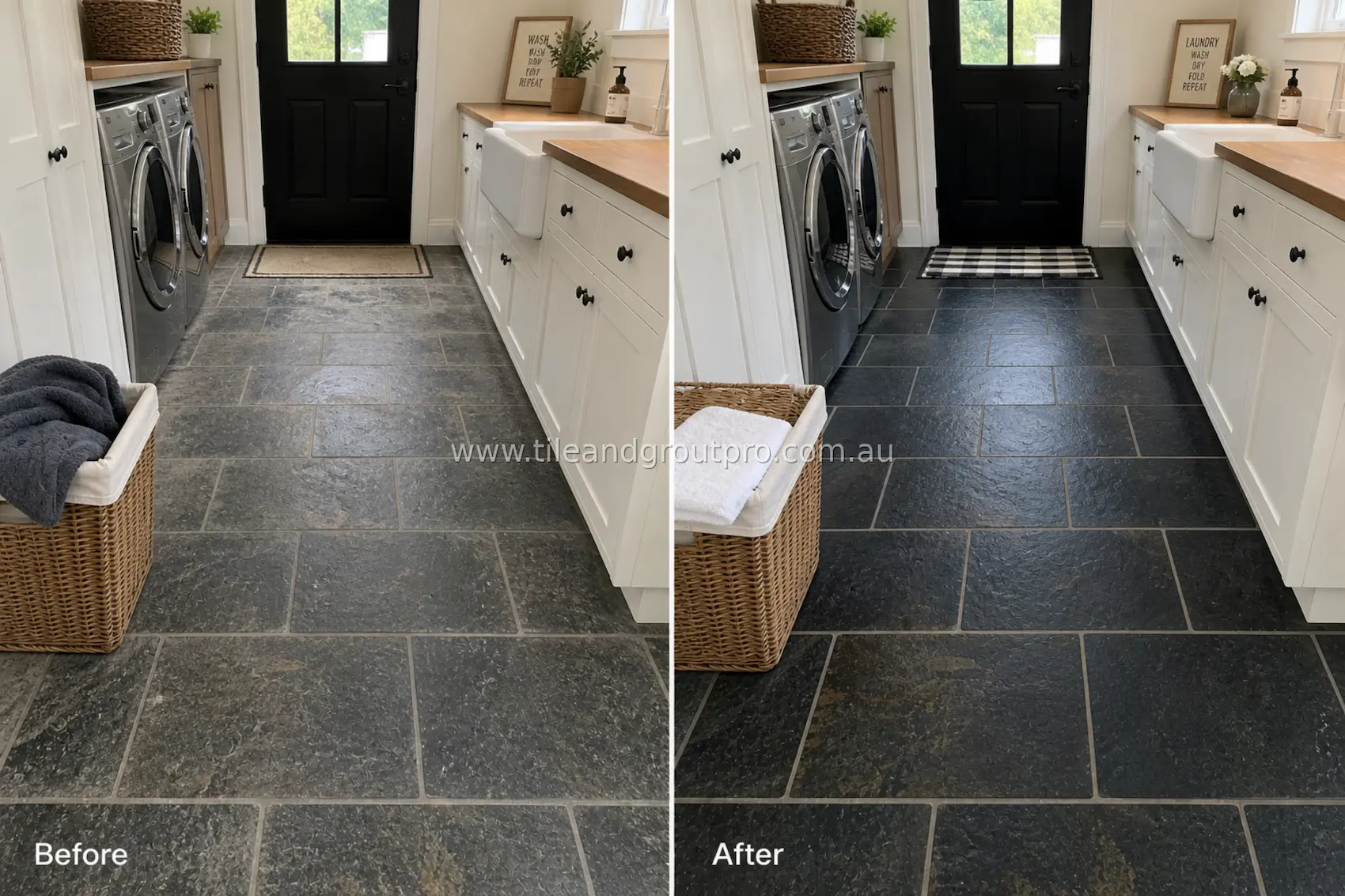Slate natural stone floor tiles in a laundry room with dirt buildup, dull appearance, and stained grout lines before tile and grout cleaning