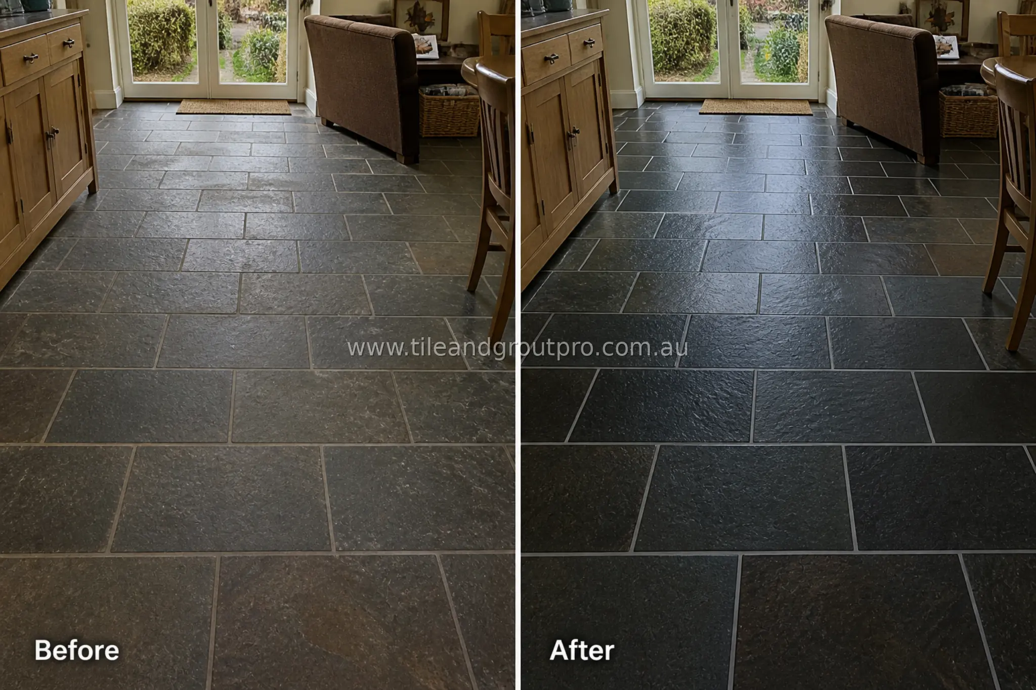 Slate natural stone floor tiles in a living room entryway showing dull finish, dirt buildup, and discolored grout lines before professional tile and grout cleaning