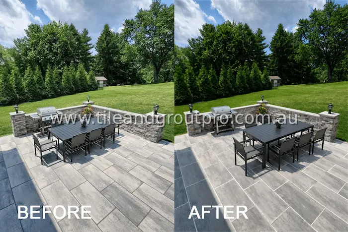 Outdoor dining patio slate regrouting before and after showing brighter grout and clean paving finish
