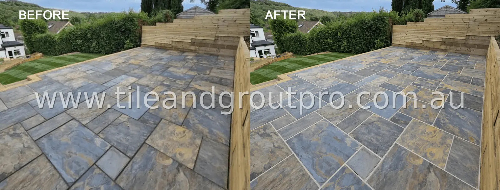 Garden slate paving before and after regrouting with repaired joints and refreshed outdoor terrace
