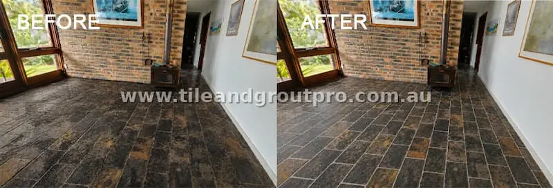 Slate tile floor restoration in living room showing deep cleaning and sealing to restore natural color and shine