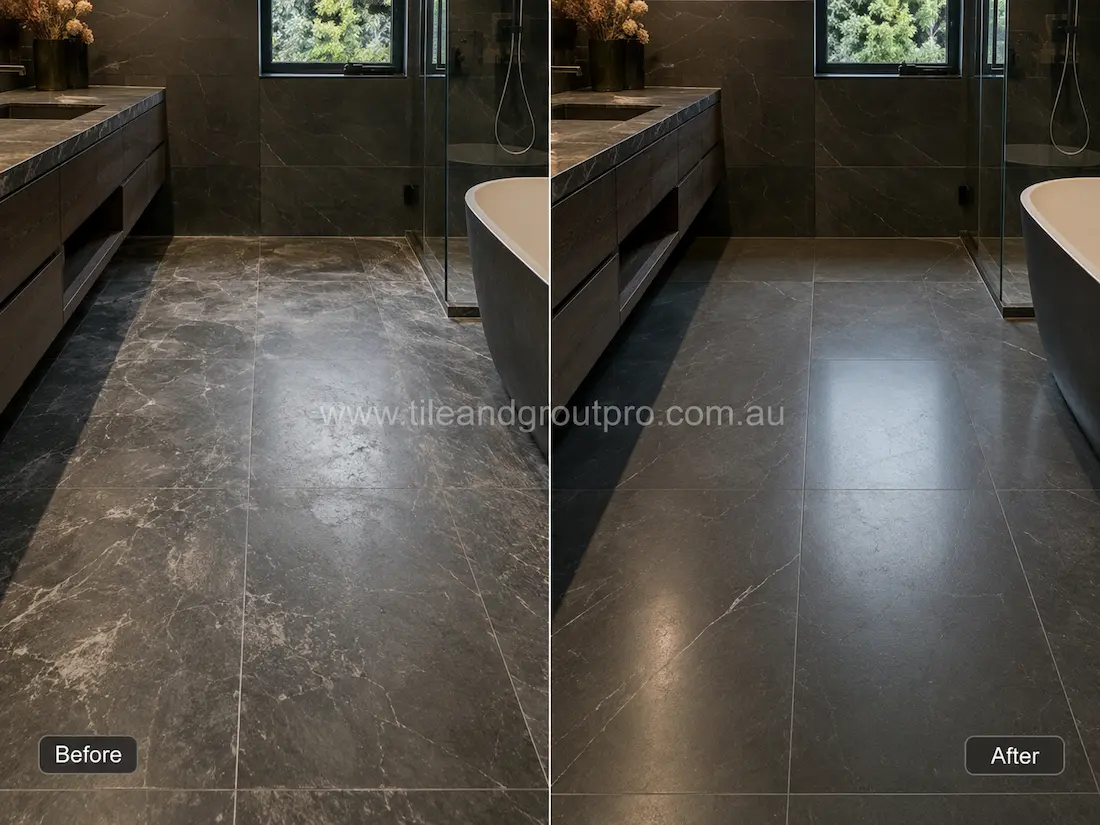 Dark soapstone bathroom floor tiles with dull finish, light etching, and surface wear before professional grinding and stone restoration.