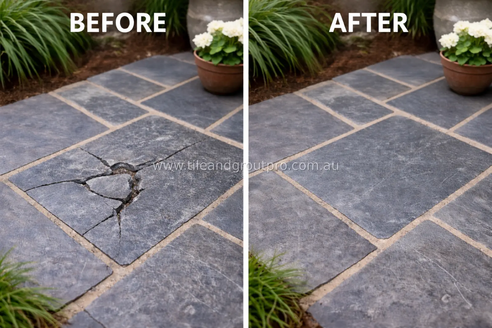 Dark stone garden pathway before and after repair showing restored paving tiles