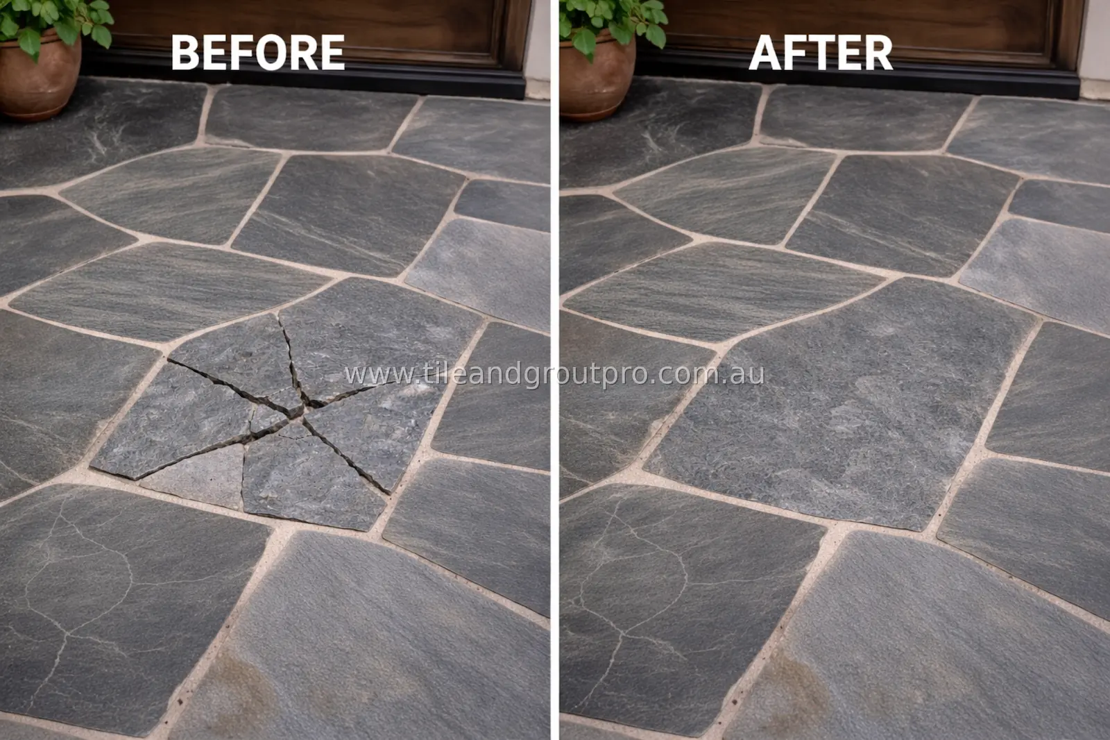 Cracked dark stone tile before and after repair showing restored outdoor surface