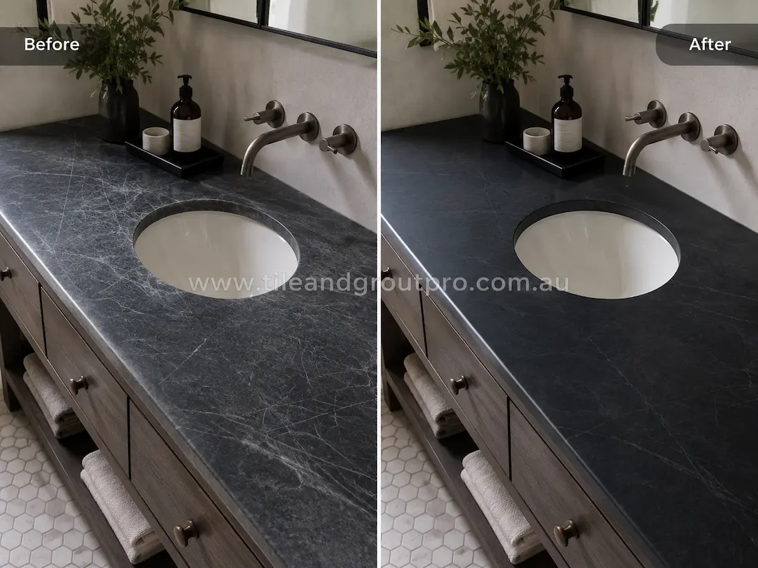 Dark soapstone bathroom vanity countertop with visible surface scratches before professional scratch removal service.