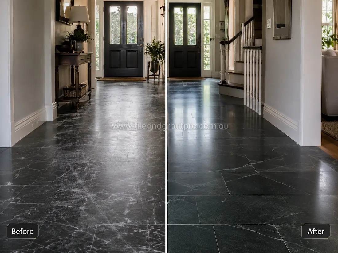 Dark soapstone floor tiles in a residential entry hallway with dull finish, scratches, and visible wear before grinding and polishing service.