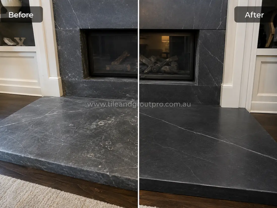 Dark soapstone fireplace hearth and surround with surface haze, etching, and visible wear before grinding and polishing restoration service.