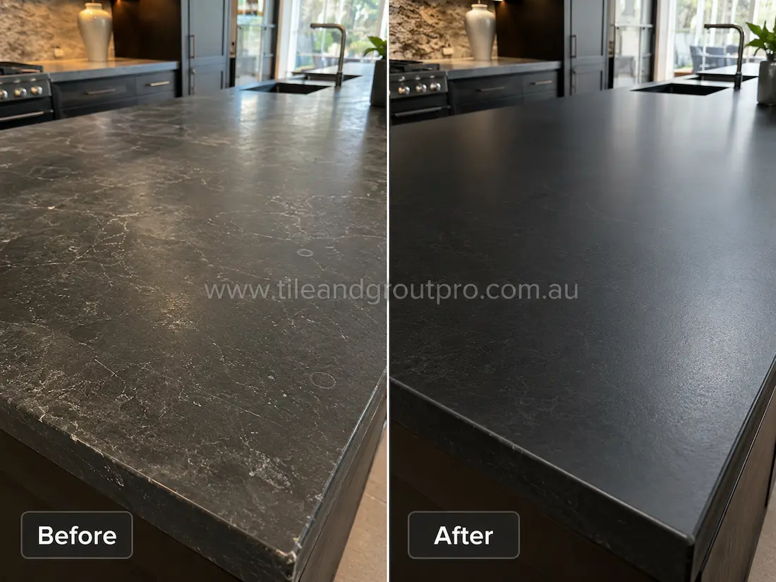 Dark soapstone kitchen island benchtop with etching, water marks, and dull worn finish before professional stone grinding and restoration.