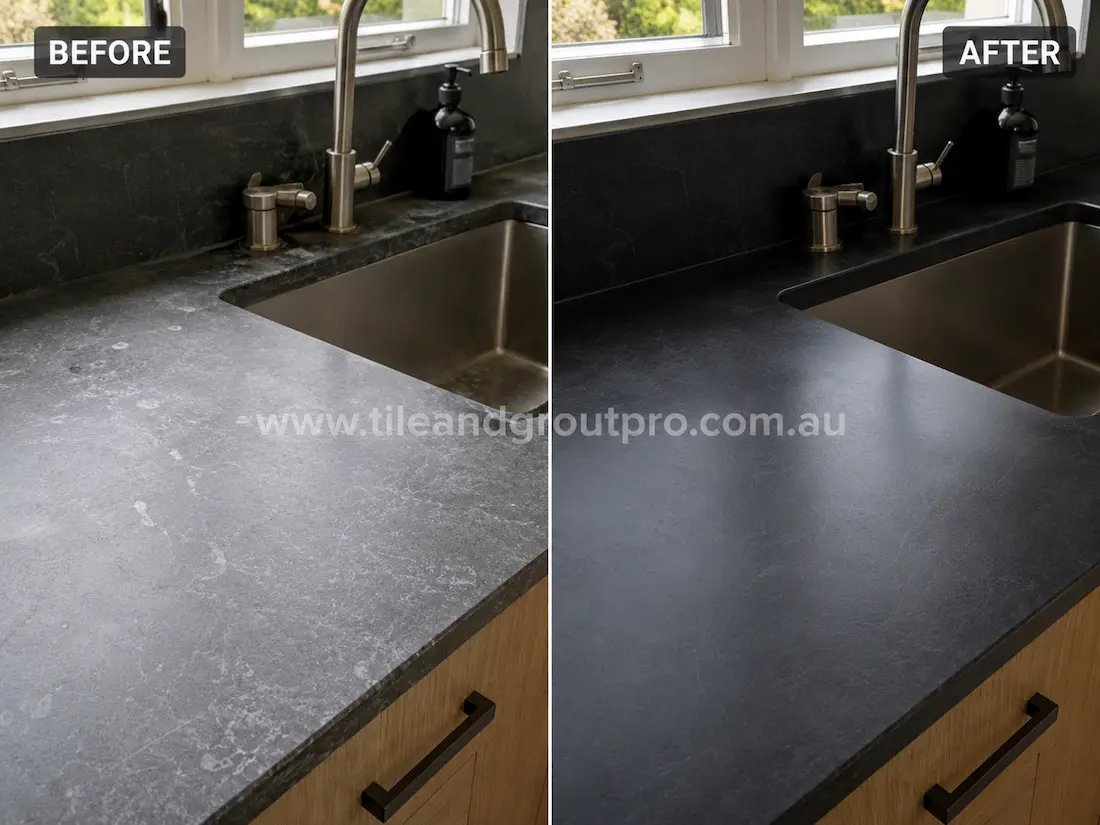 Before-and-after stone polishing of a soapstone kitchen island benchtop, showing a dull, light-gray surface before polishing and a deep, smooth dark finish after.