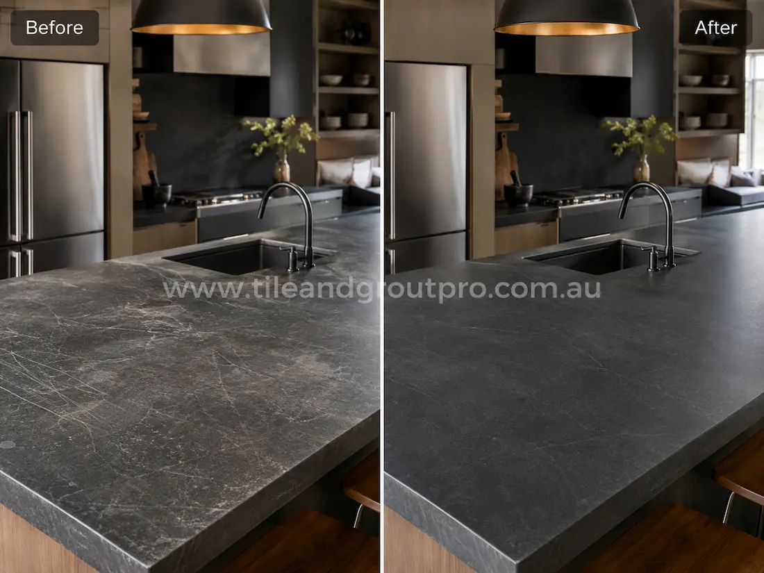 Dark soapstone kitchen island countertop with visible scratches and wear marks before professional scratch removal service in a modern kitchen.