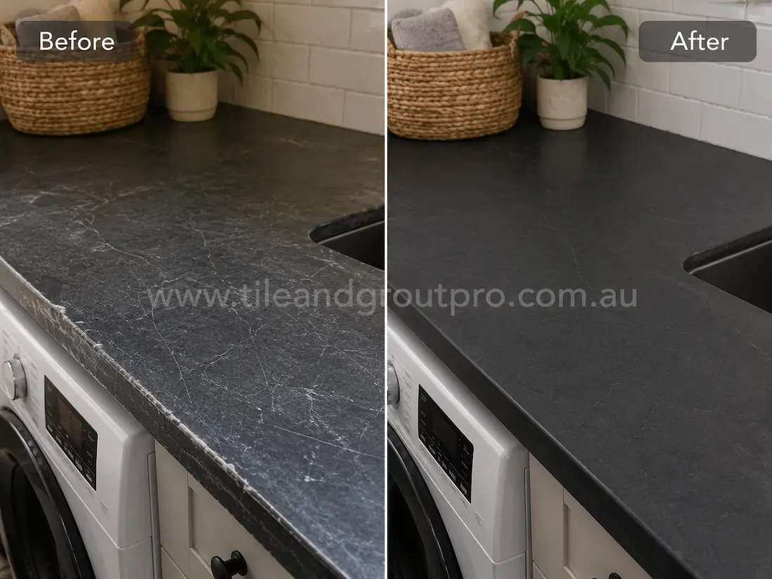 Scratched dark soapstone laundry countertop before scratch removal beside a washing machine in a modern laundry room.