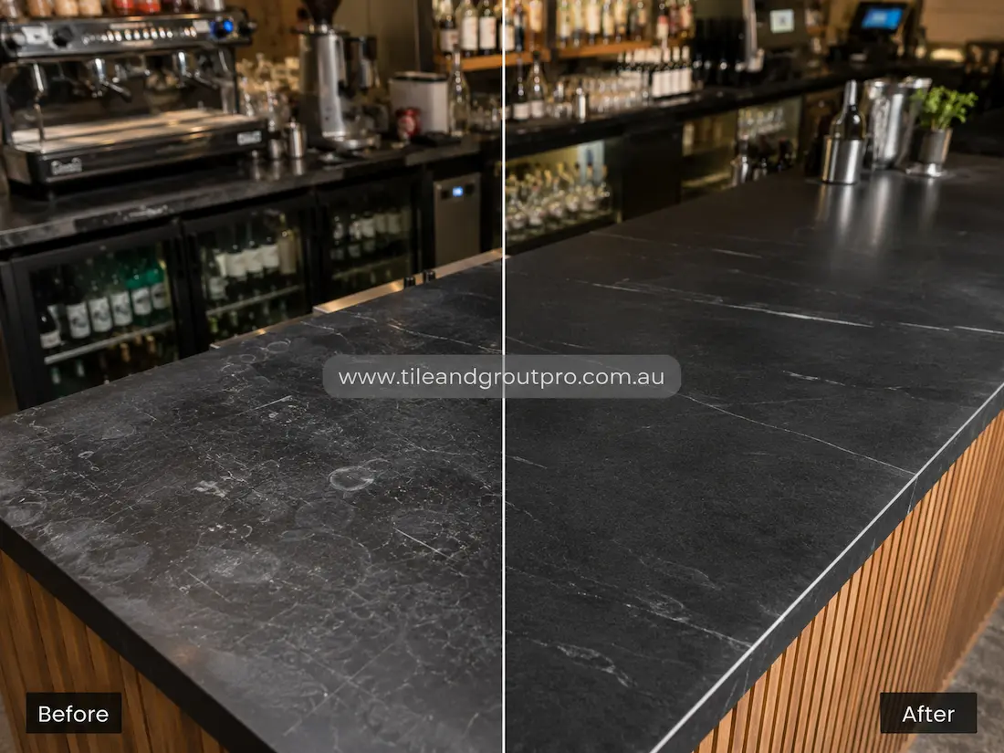 Before and after tile resurfacing of a soapstone-look bar countertop in a commercial venue, showing ring marks, scratches and surface wear restored to a smooth, uniform finish with enhanced colour and subtle veining.