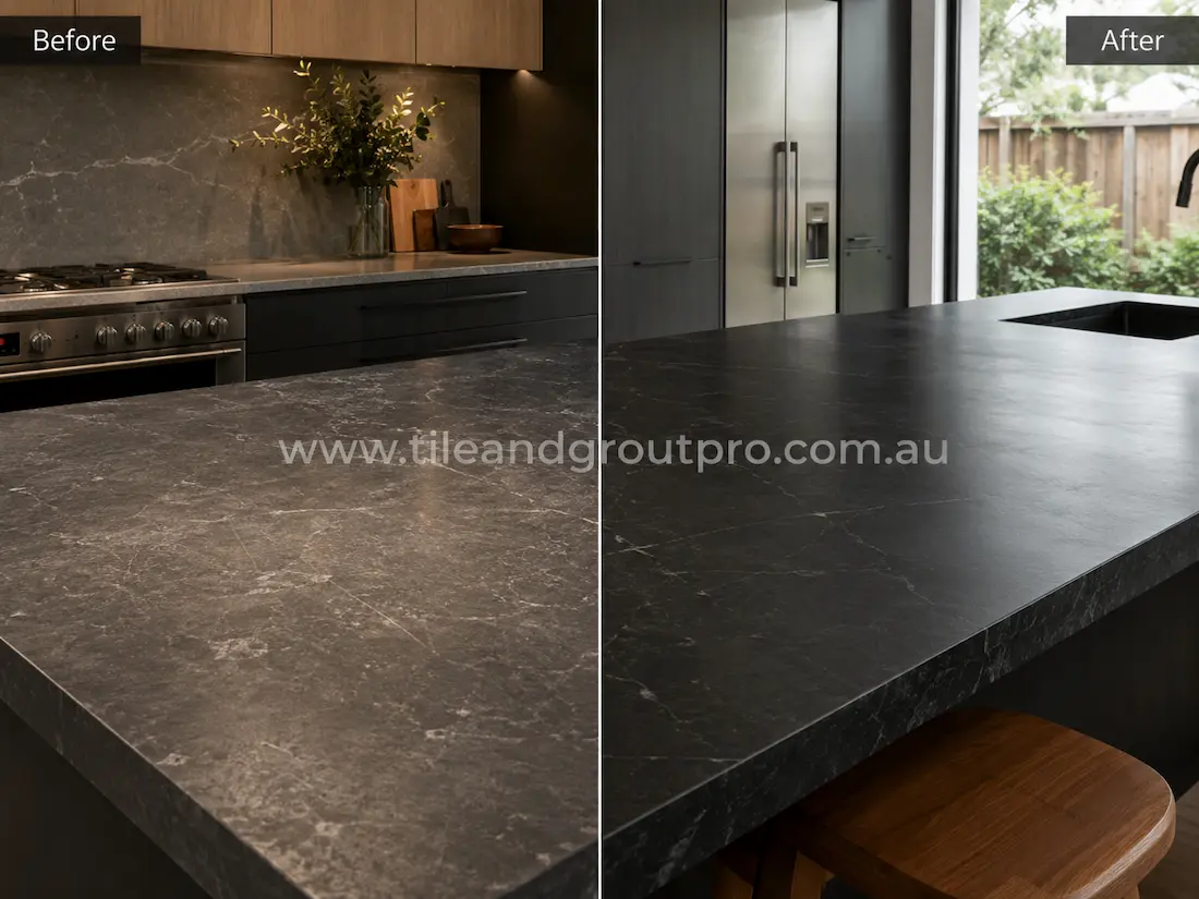 Before and after tile resurfacing of a soapstone-look kitchen island countertop, showing a dull and worn dark stone surface restored to a sleek, even finish while preserving the natural veining pattern.