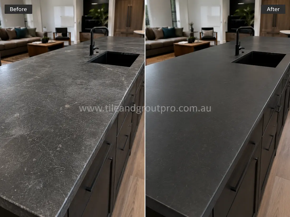 Before and after tile resurfacing of a soapstone-look kitchen island countertop with integrated sink, showing a scratched and worn dark stone-look surface restored to a smooth, uniform matte black finish in a modern open-plan kitchen.