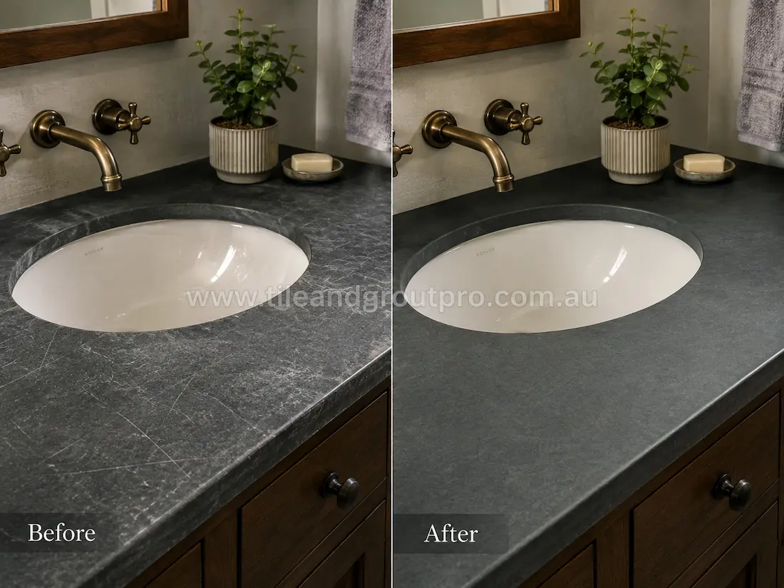 Bathroom vanity with scratched dark soapstone counter surface before scratch removal treatment near an oval sink.