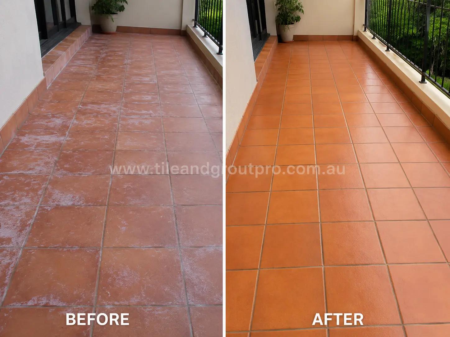 Before-and-after comparison of balcony terracotta tiles with chalky sealer residue, faded finish, and weathered surface before Sealer Stripping.