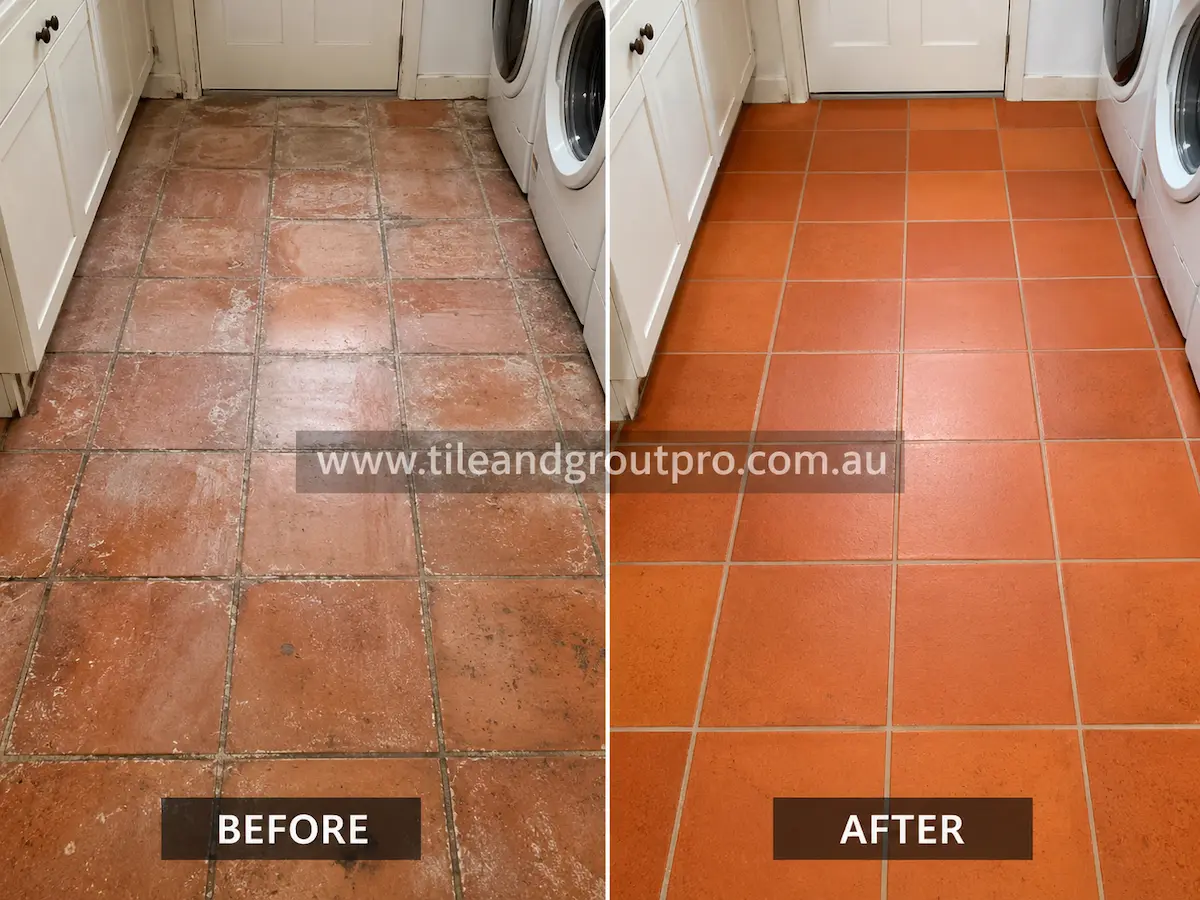 Before-and-after comparison of laundry room terracotta floor tiles with faded sealer, white residue, and uneven surface buildup before Sealer Stripping.