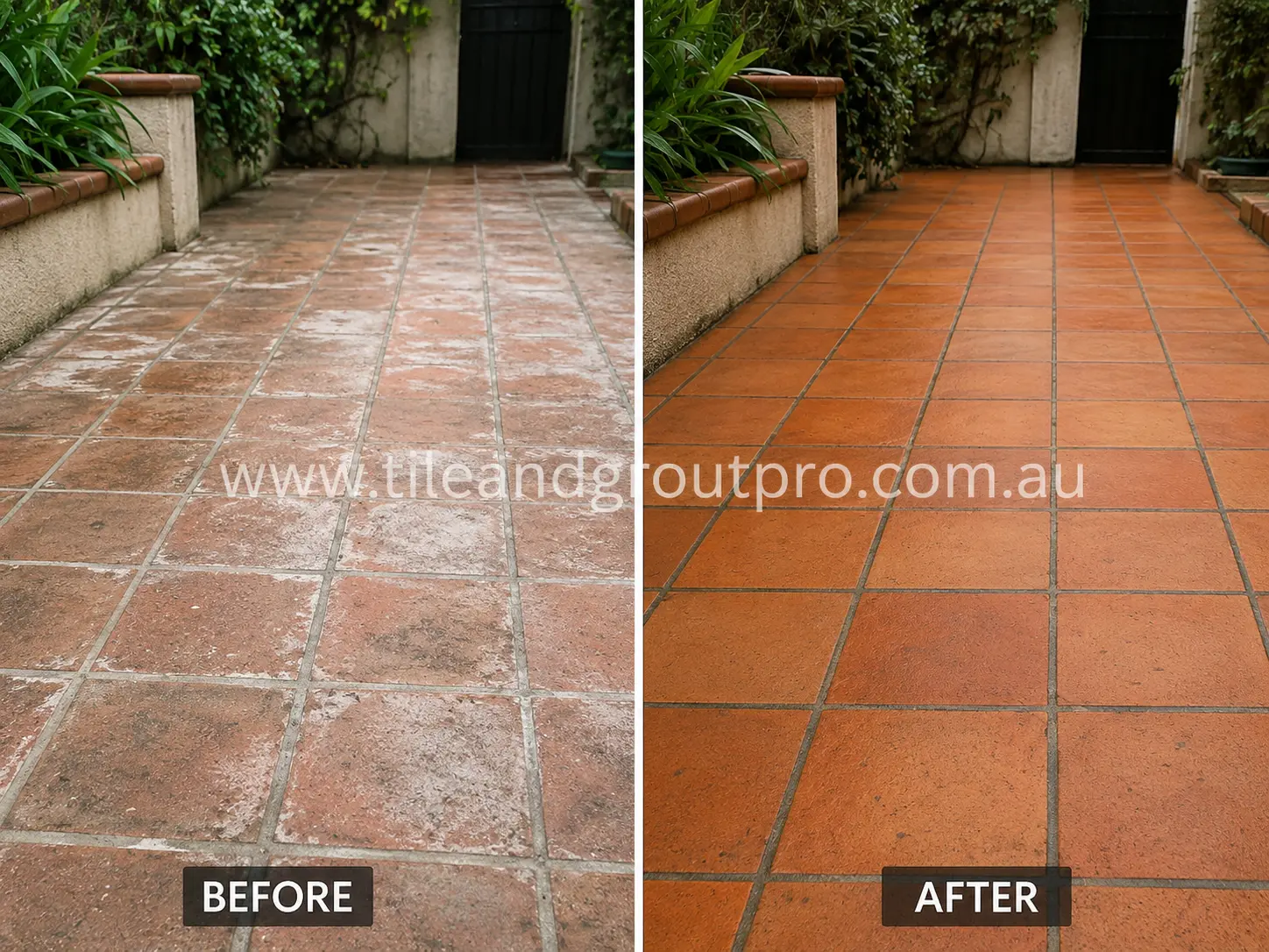Before-and-after comparison of outdoor garden path terracotta tiles with peeling sealer, weather staining, and white surface residue before Sealer Stripping.